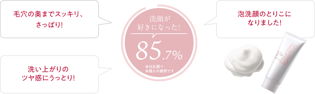 洗顔が好きになった！ 85.7% 毛穴の奥までスッキリ、さっぱり！ 泡洗顔のとりこになりました！ 洗い上がりのツヤ感にうっとり！